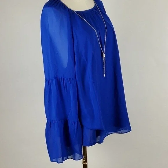 JM Collection Top Womens Large Blue Solid Tiered Bell Sleeve Gauze Blouse NWT - Picture 3 of 8